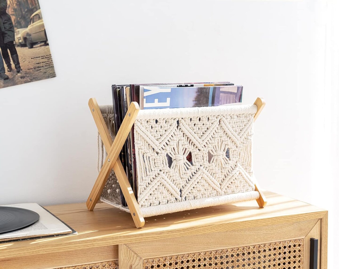 Macrame Magazine Rack Boho Storage Holder Standing Basket | Medium Size, 14&#x201D;L x 10&#x201D;W