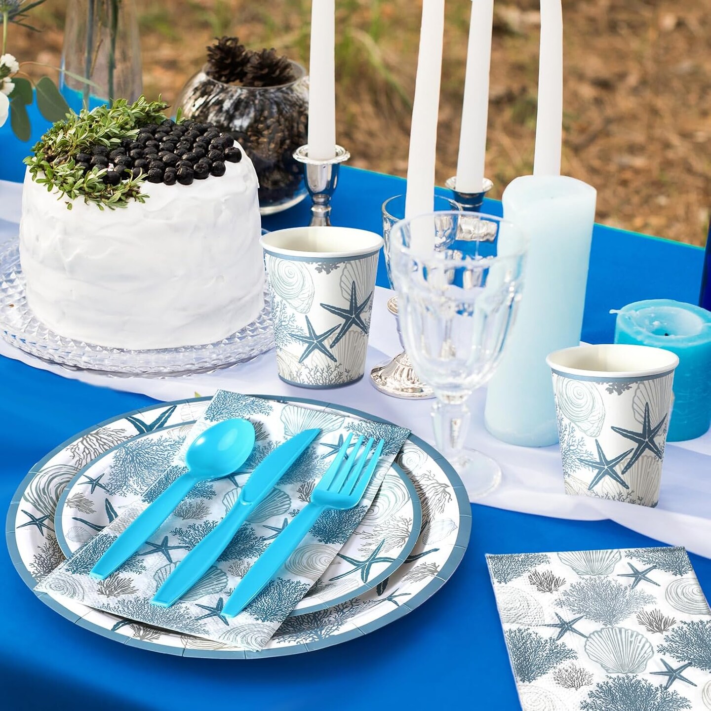400 Pcs Summer Beach Plates and Napkins Party Supplies Set – Blue Ocean Disposable Paper Dinnerware Kit with Utensils (Knives, Forks, Spoons, Cups) for Birthday, Luau, Pool Bash, Serves 50