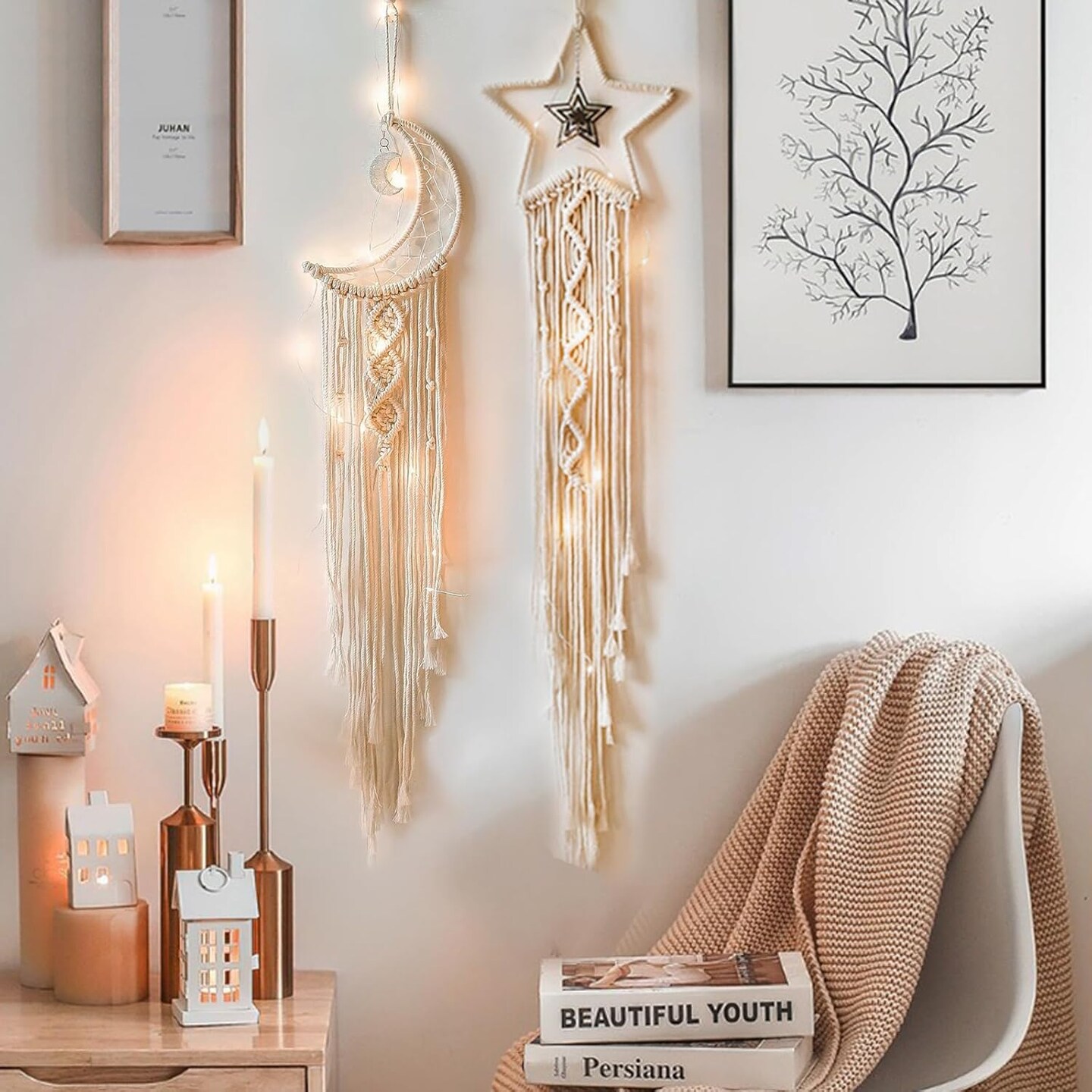 Boho Macrame Woven Wall Hanging (Star and Moon-white)