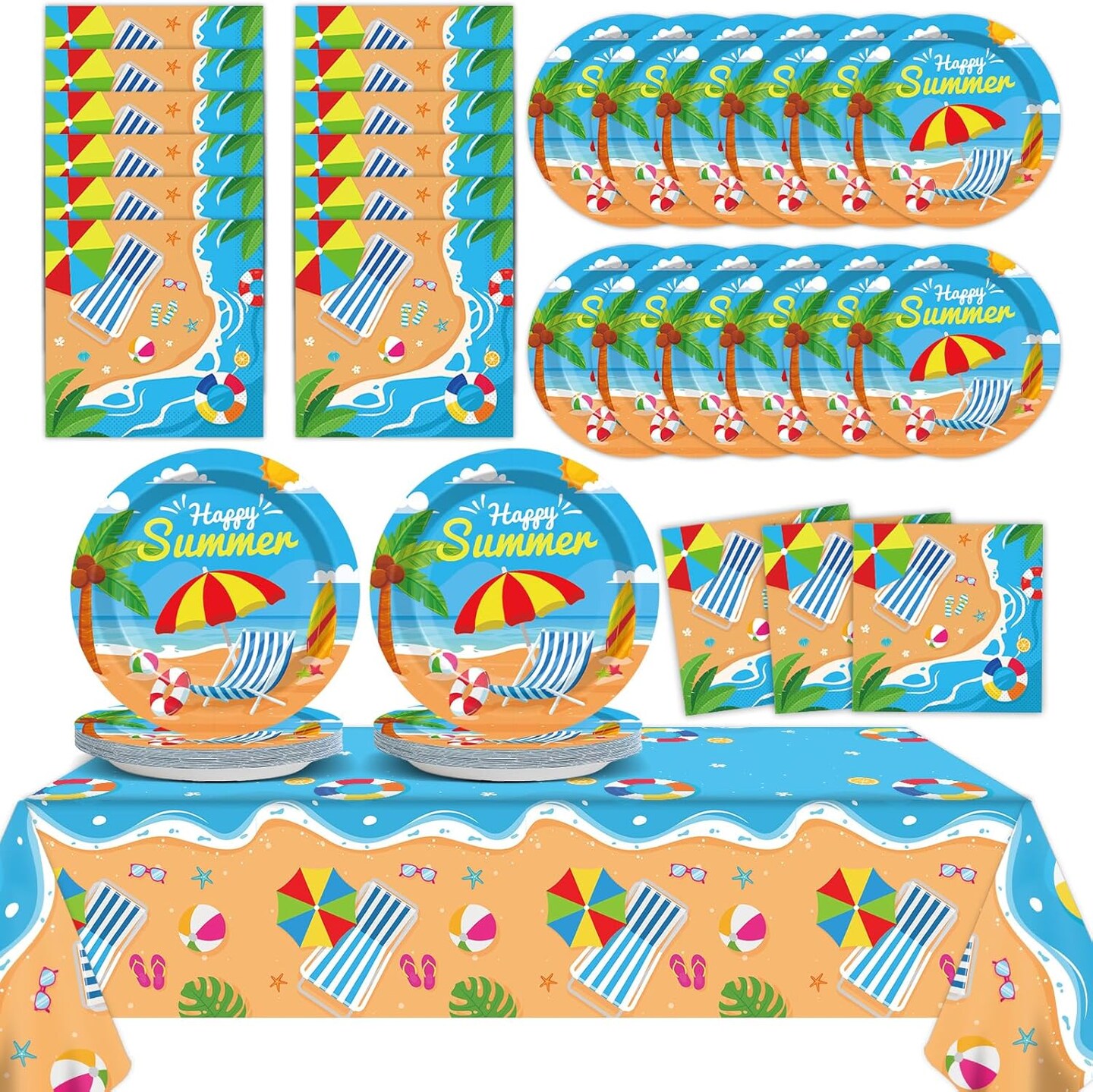 Summer Party Supplies Serves 24 Beach Luau Party Paper Plates Napkins Hawaiian Tablecloth Set Tableware Kit for Pool Party Birthday Tropical Dinner