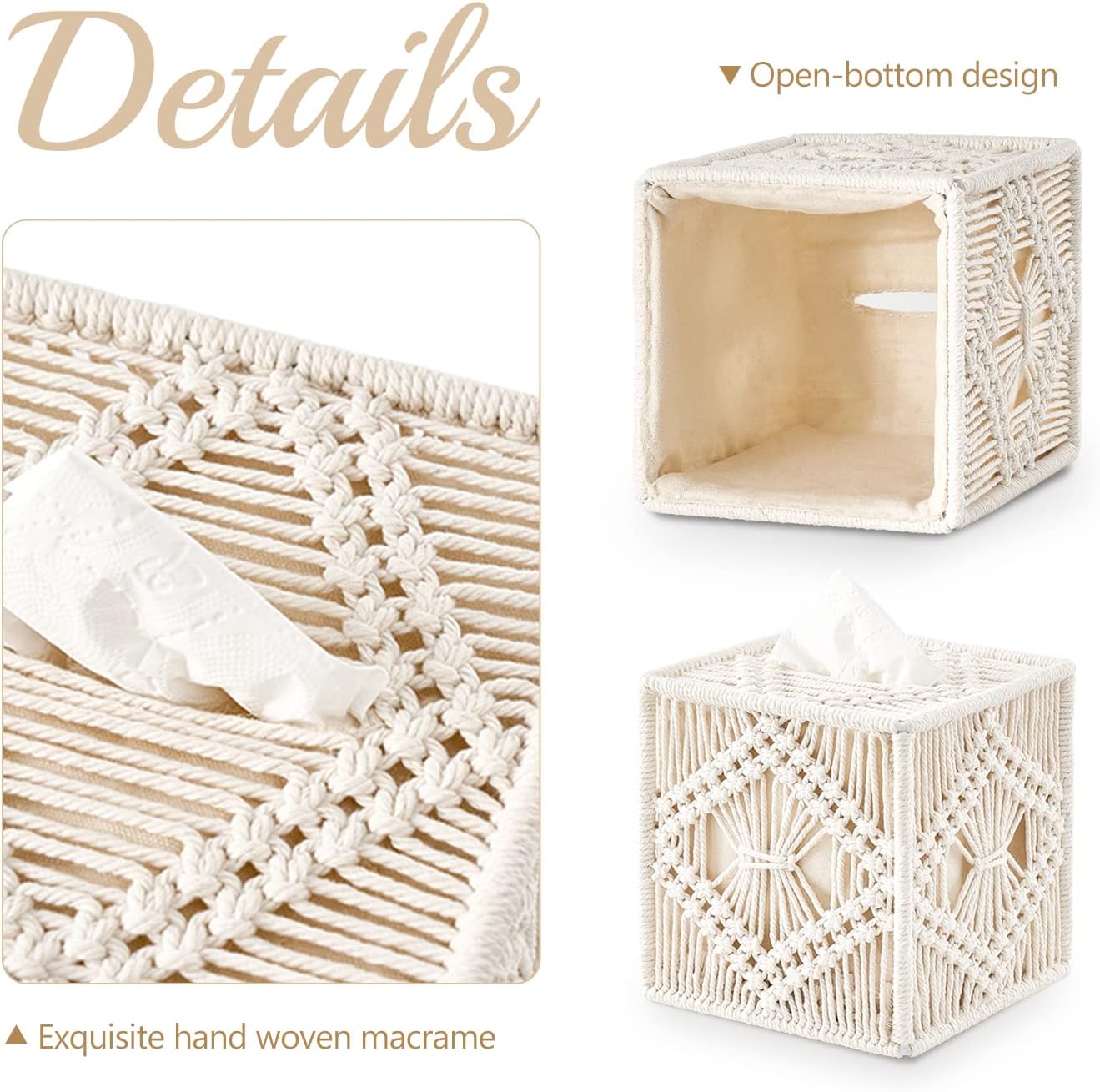 Tissue Box Cover Macrame Square Open-Bottom Tissue Box Holder (Ivory)