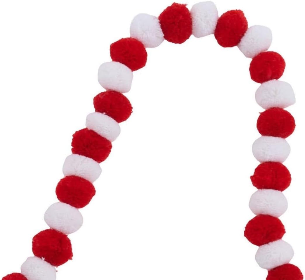 68" Red and White PomPom Garland with 1" Inch Pompoms for Christmas, Valentine's Day, Holidays, Parties, Special Events, Showers, Crafts, and Decorations
