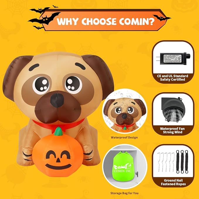 GOOSH 4 FT Halloween Inflatables Dog Pug Holding Pumpkin with Built-in LEDs