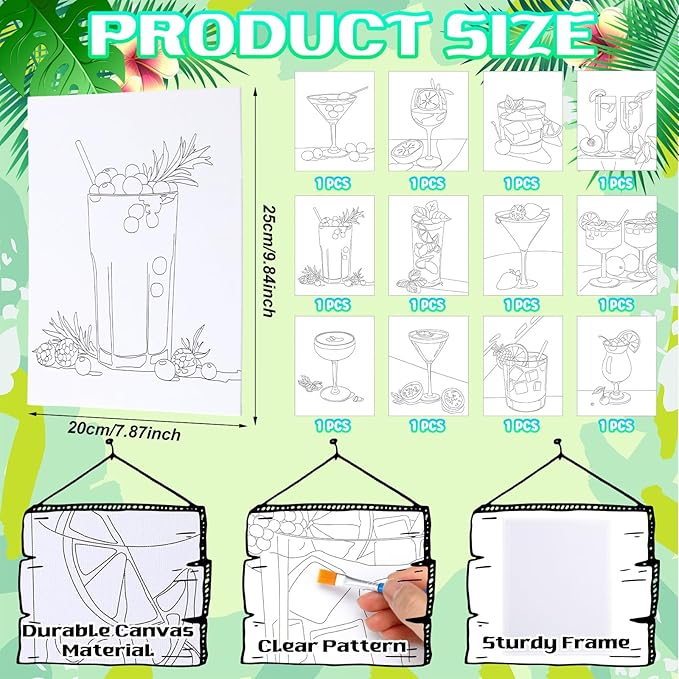 12-Set Cocktail Sip and Paint Kit for Adults - 8x10" Pre-Drawn Canvas Painting Party Kit - Includes Wooden Easels, Acrylic Paints, Brushes & Aprons - DIY Bar Art Craft Set