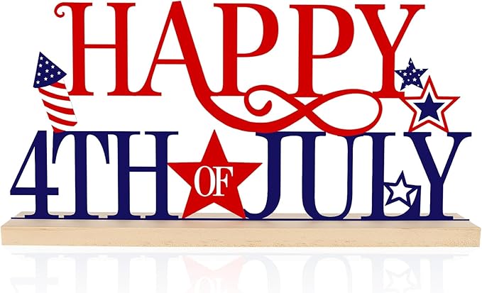Metal Happy 4th of July Sign – Red White & Blue Patriotic Star Decor – 250th Anniversary Independence Day Decorations for Home & Office – Freestanding Metal Shelf Sitter & Mantel Sign – Sestercentennial Commemorative Tabletop Accent