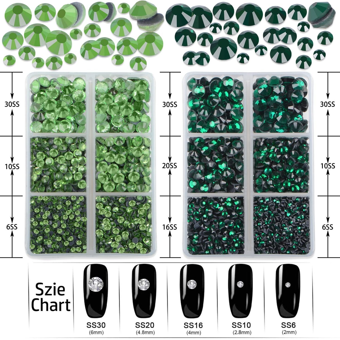 6400pcs Emerald & Peridot Hotfix Rhinestones – Flat Back Crystal Glass Gems, 5 Mixed Sizes, Includes Tweezers & Rhinestone Picker Pen
