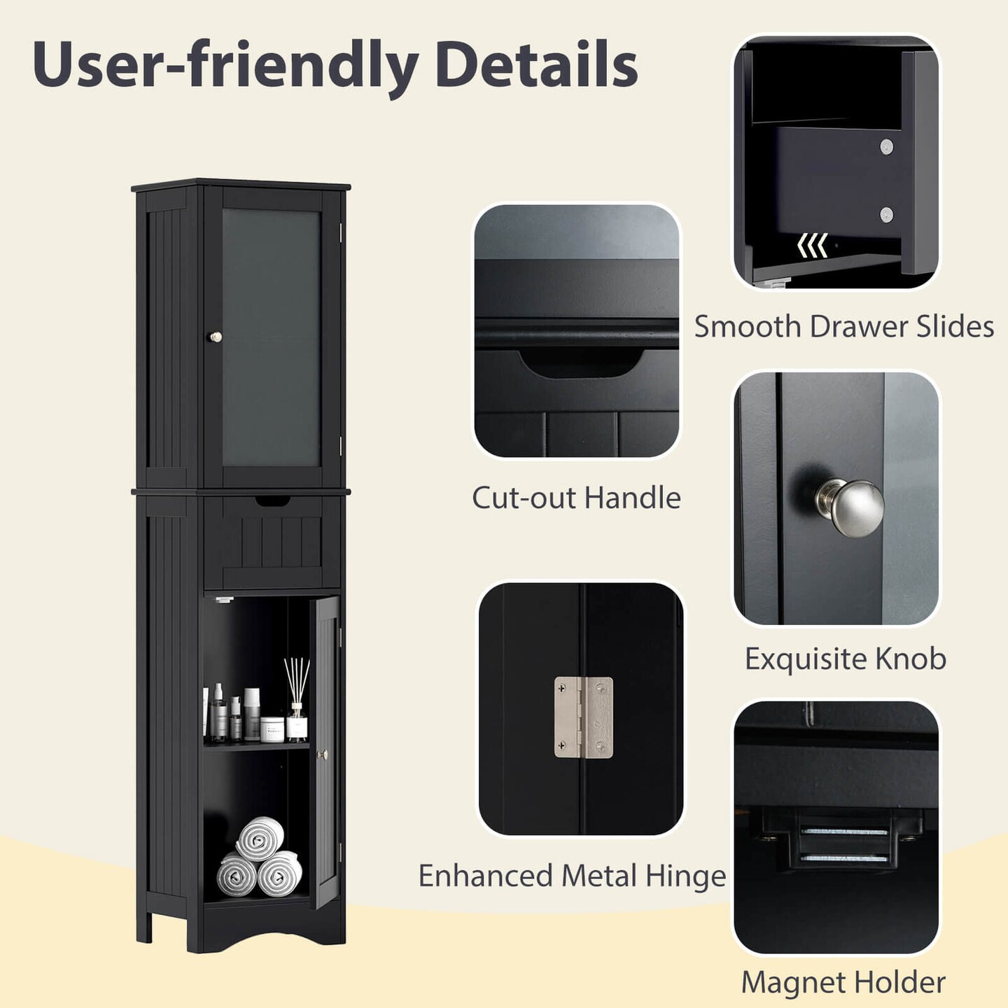Costway Bathroom Tall Cabinet Freestanding Linen Tower with Doors & Drawer Black/Grey/White