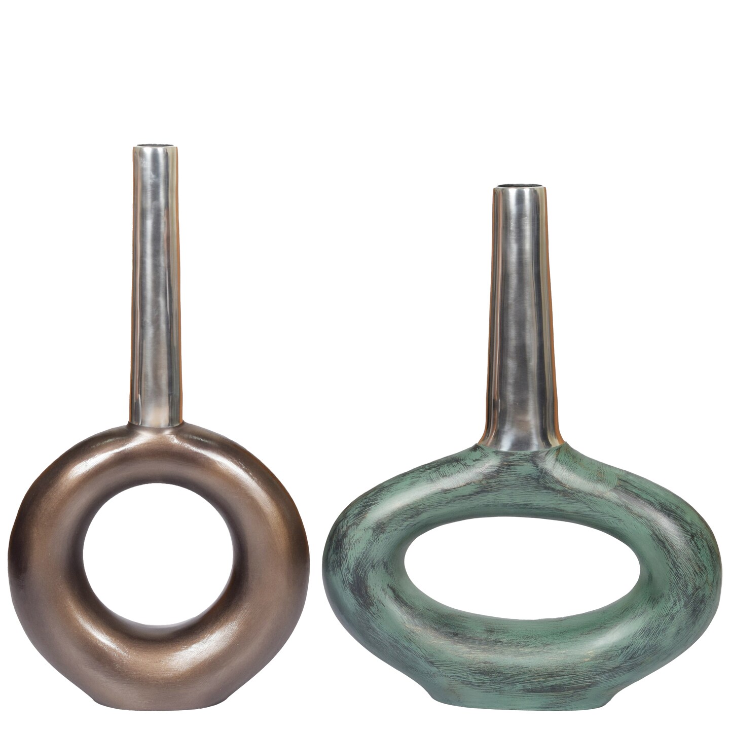 Decorative Antique Aluminium-Casted Table Centerpiece Flower Vase, Two Tone Patina Green ,Set of 2