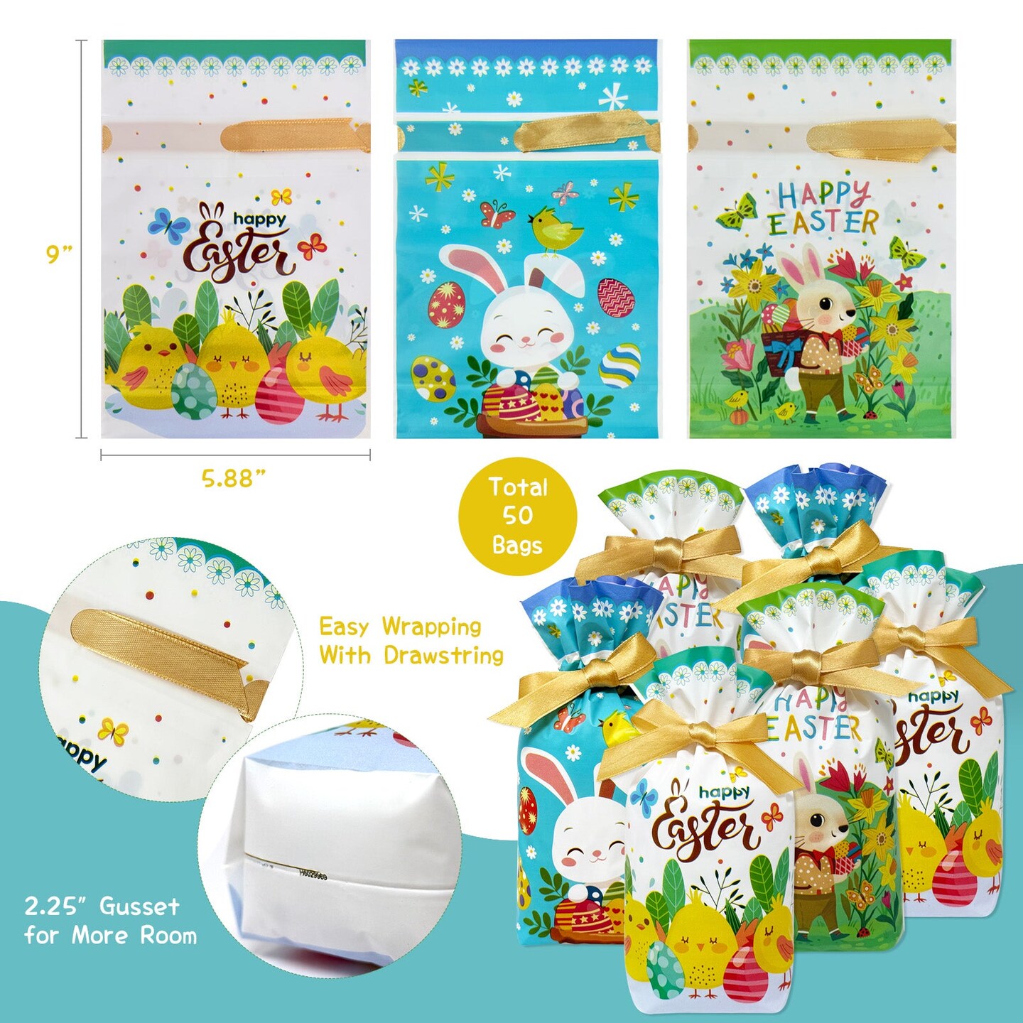 Wrapables Easter Drawstring Treat Bags for Candy, Cookies, Treats, Gifts, Egg Hunt, and Party Favors (50pcs)