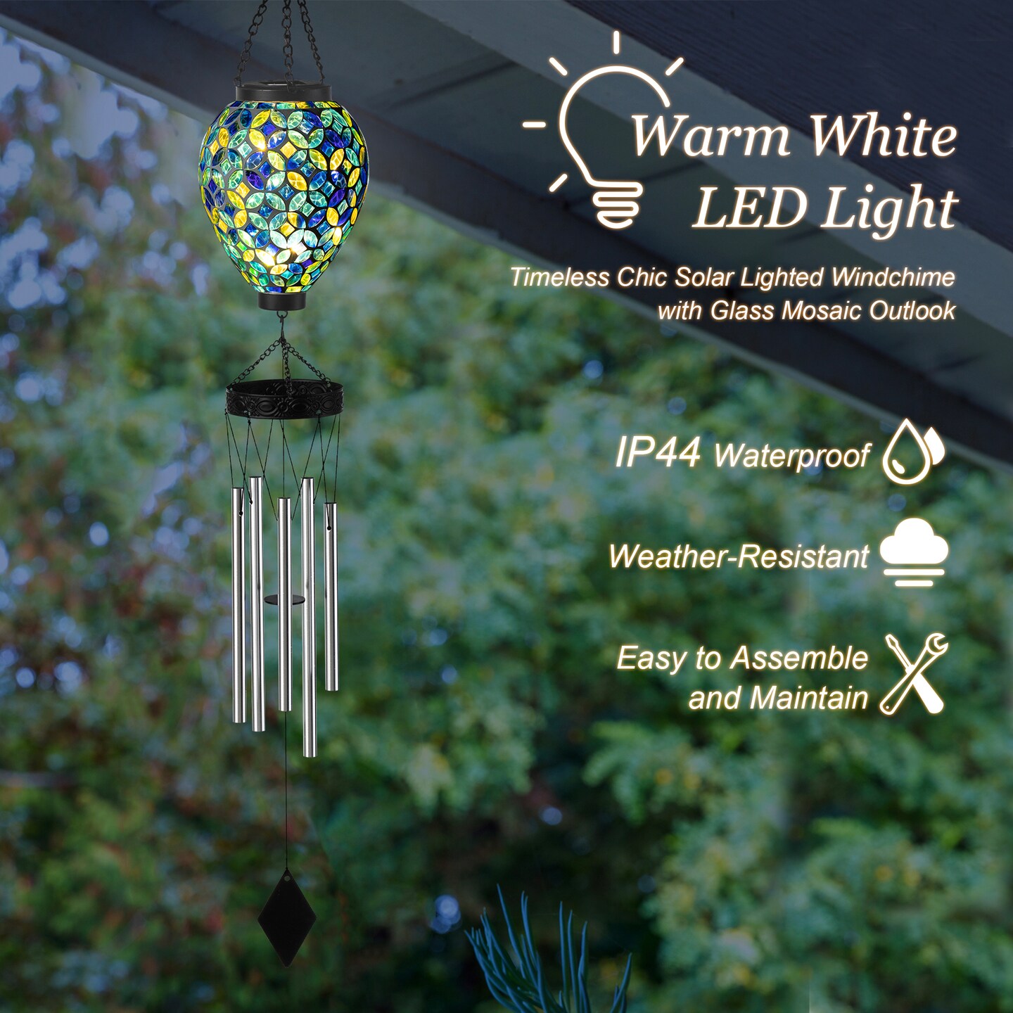 Set of 2 37&#x22;H Solar Lighted Metal and Glass Mosaic Windchime