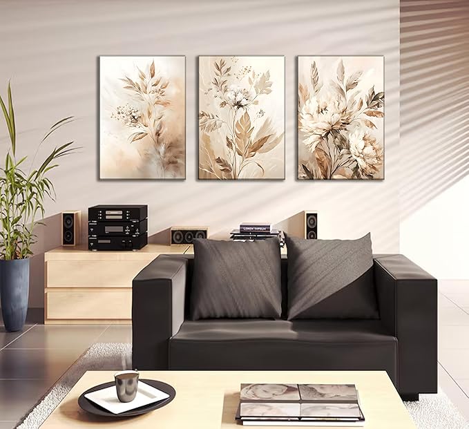 3 Pcs Beige Neutral Flower Canvas Wall Art Wildflowers Floral Botanical Painting Picture Wall Decor Poster Print Artwork for Bedroom Living Room Home Decoration