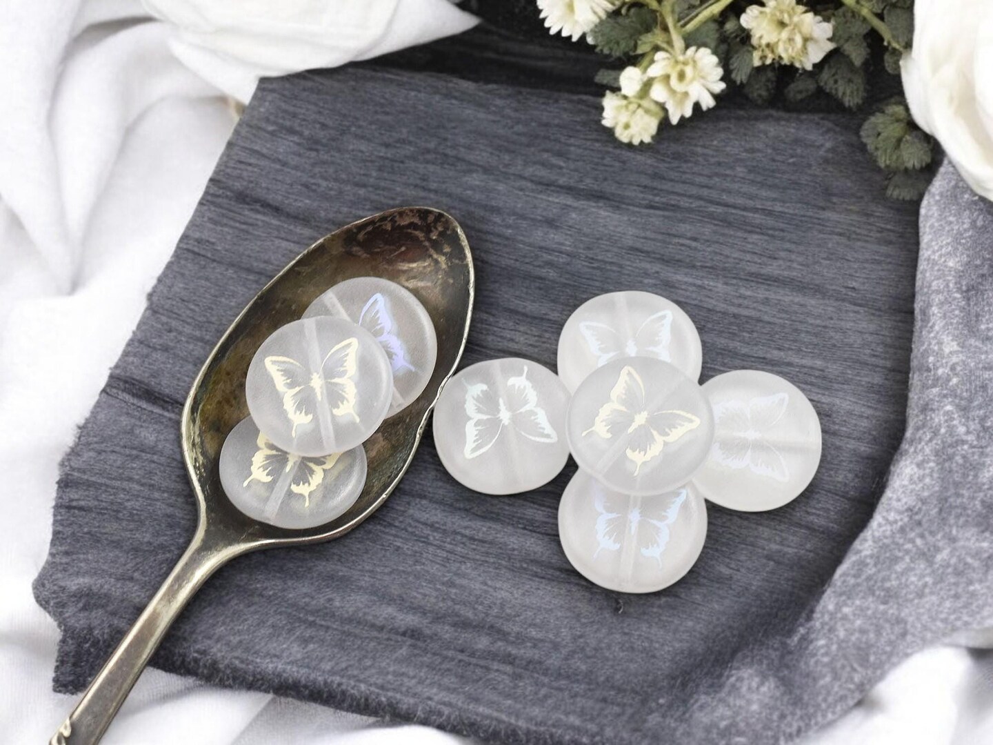 *8* 17mm Matte Crystal AB Laser Etched Butterfly Design Coin Beads