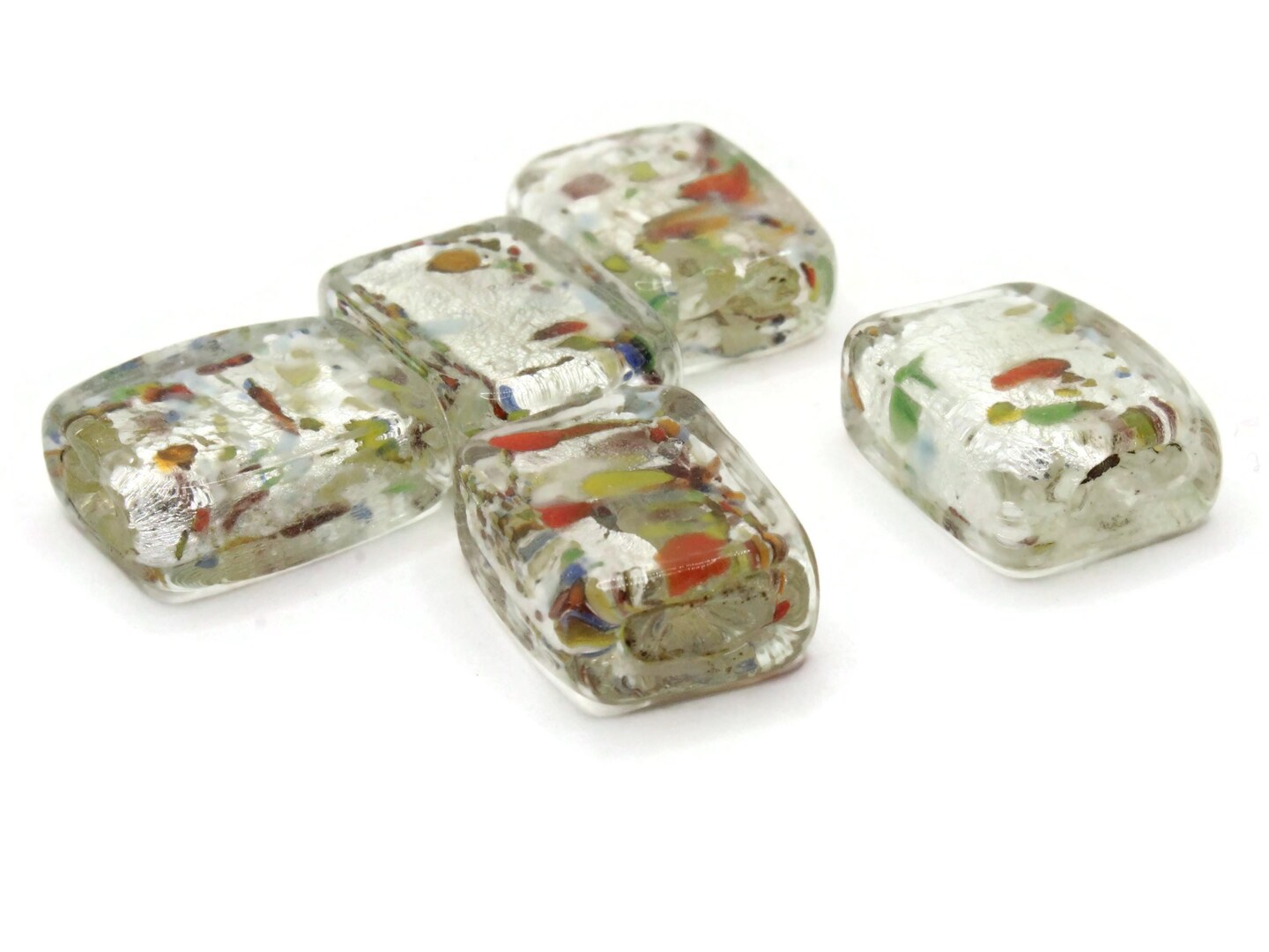 5 20mm Clear Speckled Rectangle Flat Rectangle Lampwork Glass Beads