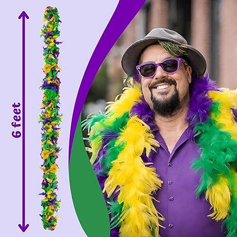 4E&#x27;s Novelty 2 Pcs Mardi Gras Feather Boa 6 Ft / 72 Inch Long - Great Accessory for Mardi Gras Outfits for Women &#x26; Men, Mardi Gras Costumes for Party