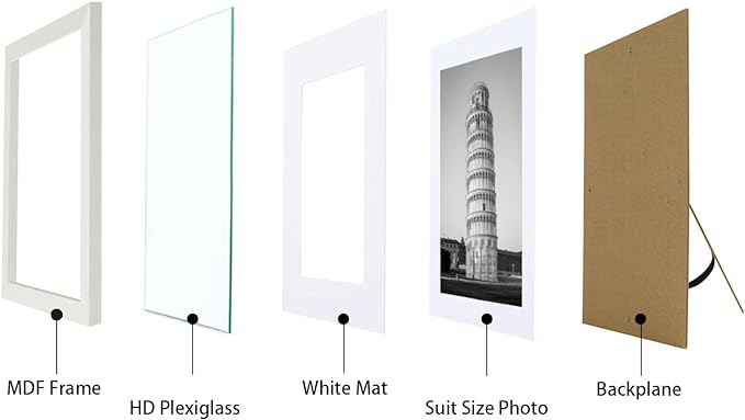 8x10 Picture Frame Set of 9, Display Pictures 5x7 with Mat or 8 x 10 Without Mat, Photo Frame for Wall Mounting or Tabletop Display, White.