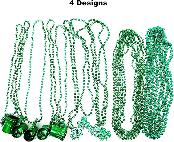 4E&#x27;s Novelty St Patricks Day Beads Necklace Bulk (72 Pack) Green Shamrock Beads Shot Glass Assortment - St Patricks Day Gifts for Kids, 33&#x22; 8mm Irish Kids Party Favor Supplies Costume Accessories