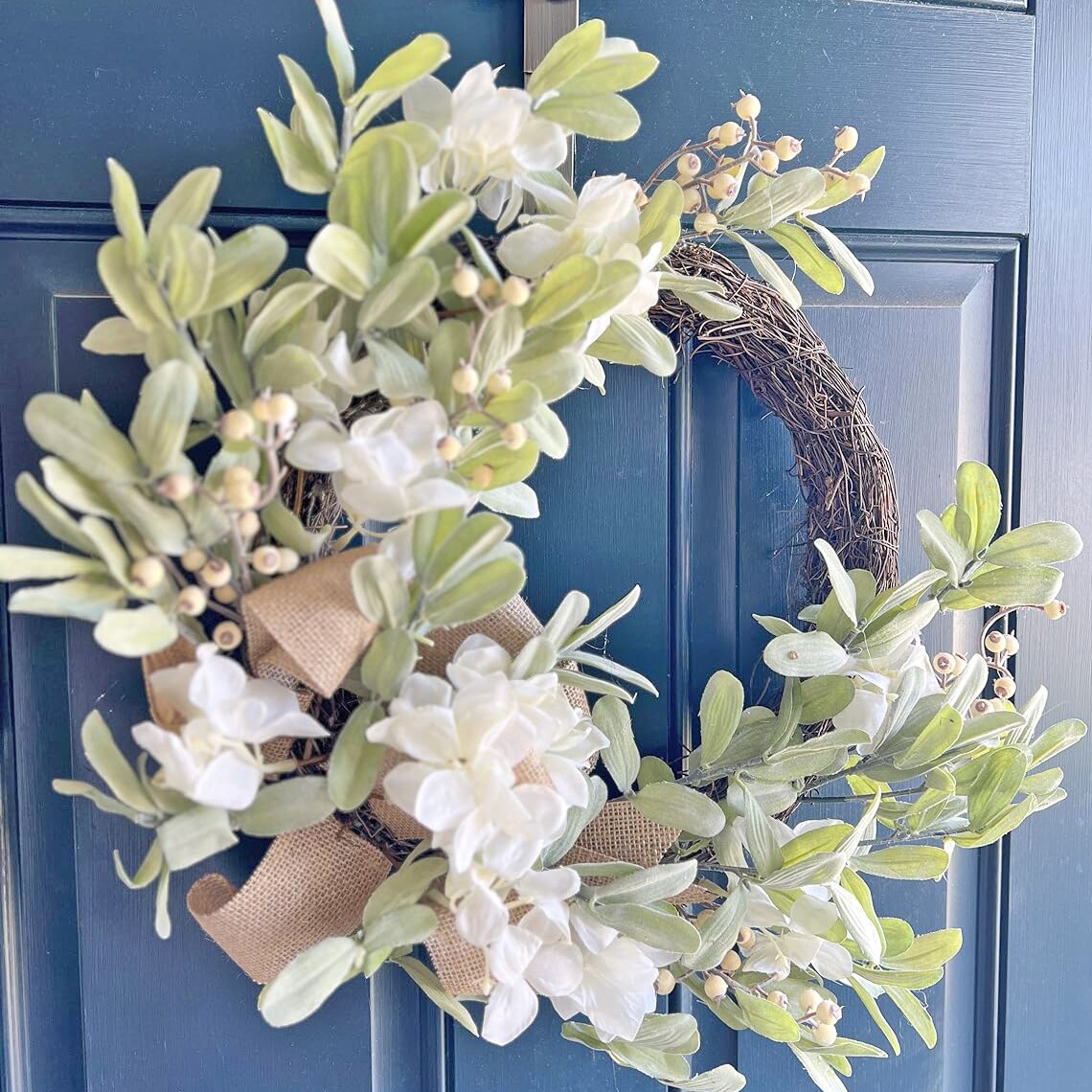 Haute Decor Grapevine Hydrangea Wreath with White Berries, Lamb&#x27;s Ear &#x26; Burlap Bow - Neutral Summer Wreath for Front Door Decor