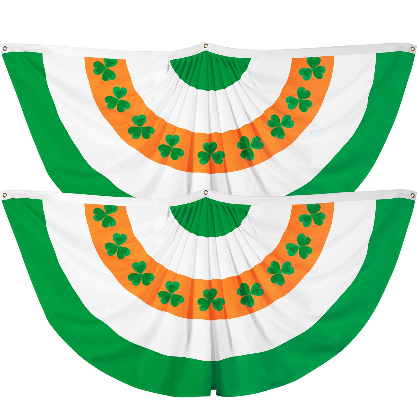 G128 2 Pack: Ireland Irish Shamrock Pleated Fan Flag | 1.5x3 Ft | Printed 150D Polyester | St. Patrick's Day Decor, Indoor/Outdoor, Vibrant Colors, Brass Grommets