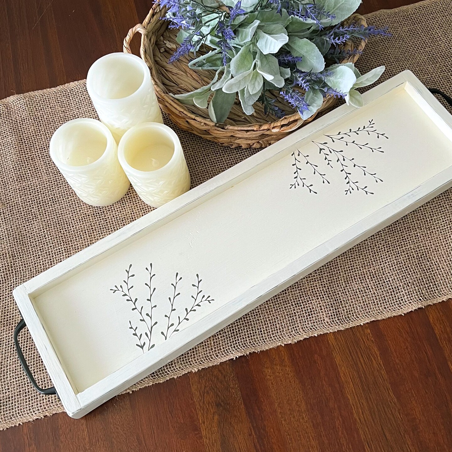 24 in Farmhouse Style Long Wood Tray with Basket Style Handles