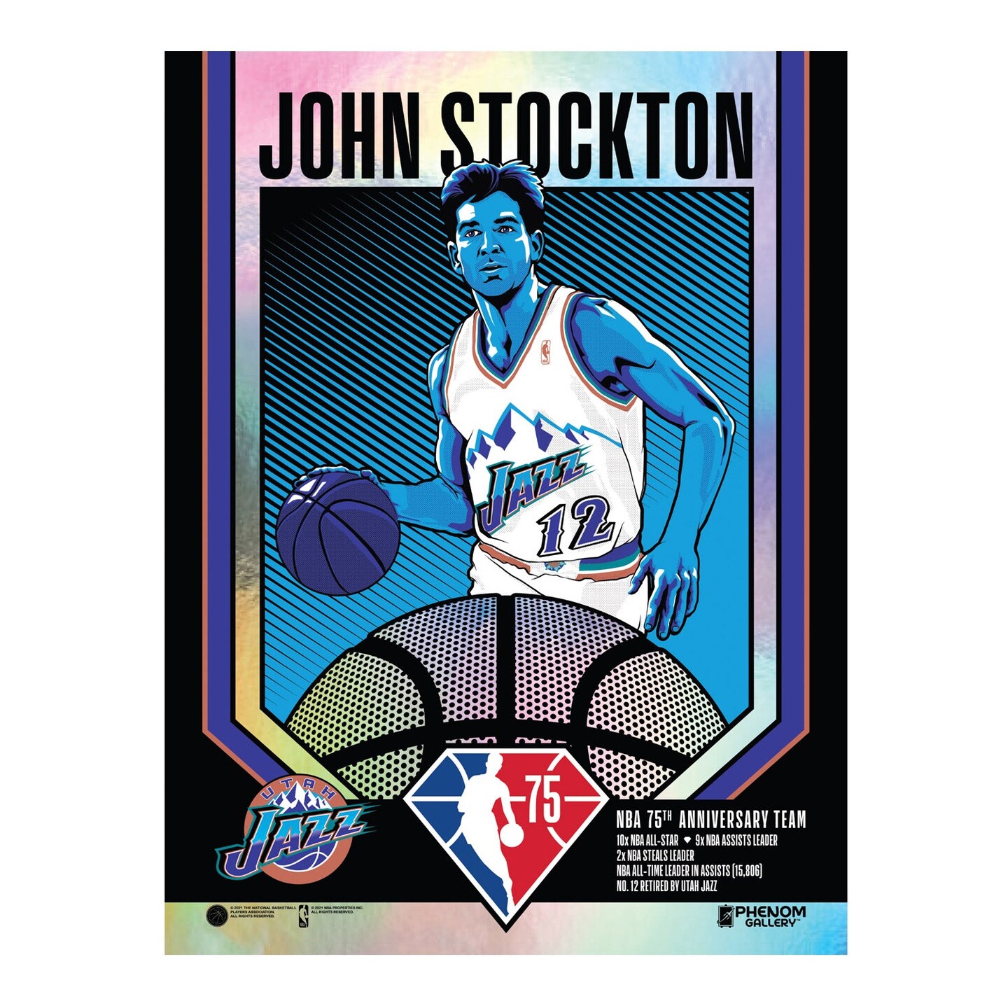 Phenom Gallery Utah Jazz 75th Anniversary John Stockton 18&#x22; x 24&#x22; Deluxe Framed Foil Serigraph (Printer Proof)