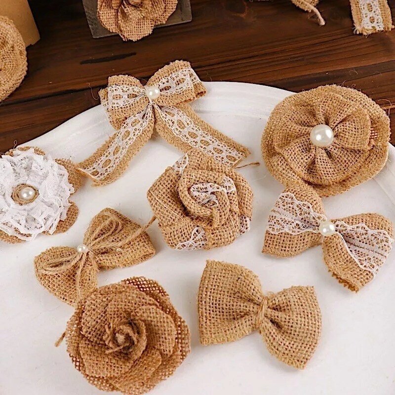 24 Natural White Burlap RIBBONS Assorted Pre Tied Bows Flowers Party Decorations