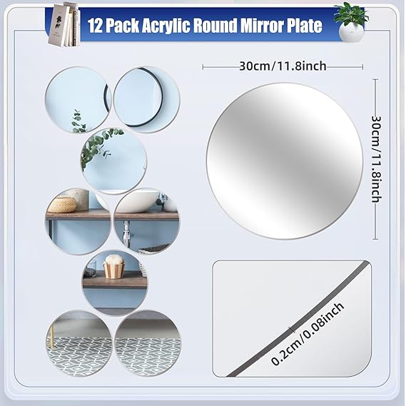 12Pcs Round Mirrors for Centerpieces, 12 Inches Circle Mirror Trays Wedding Centerpieces for Tables 2mm Thickness Non-Glass Acrylic Mirror Plate for Home Wall Decor Wedding Table Reception