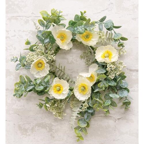 4.5&#x22; Alabaster Poppy Candle Ring with Green Paper-Wrapped Base and Fabric Flowers