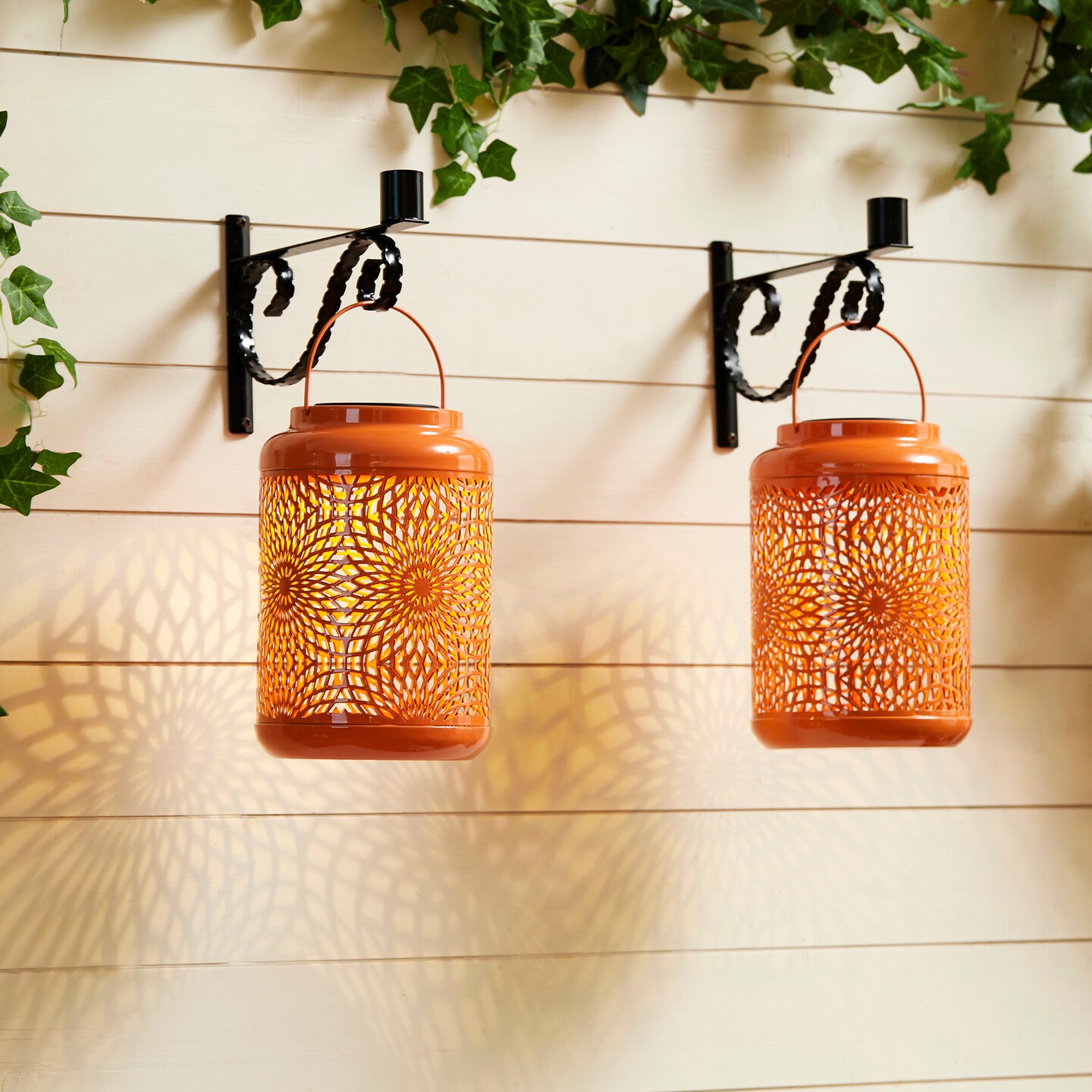 Set of 2/4 8.75&#x22;H Metal Cutout Scrollwork Solar Powered LED Outdoor Lantern with handle