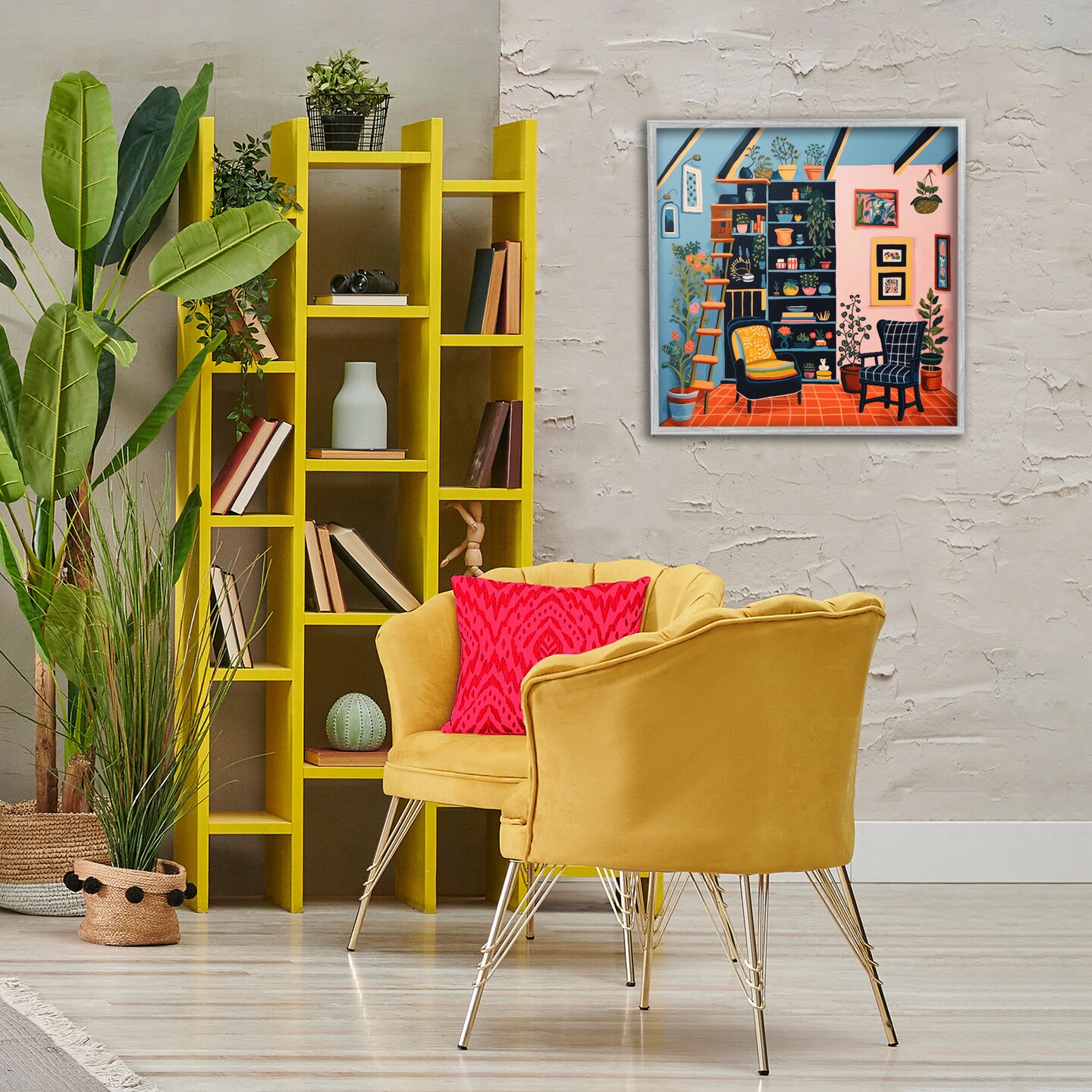 Stupell Industries Bookshelf Scene &#x26; Plants Framed Giclee Wall Art Design by Lazar Studio