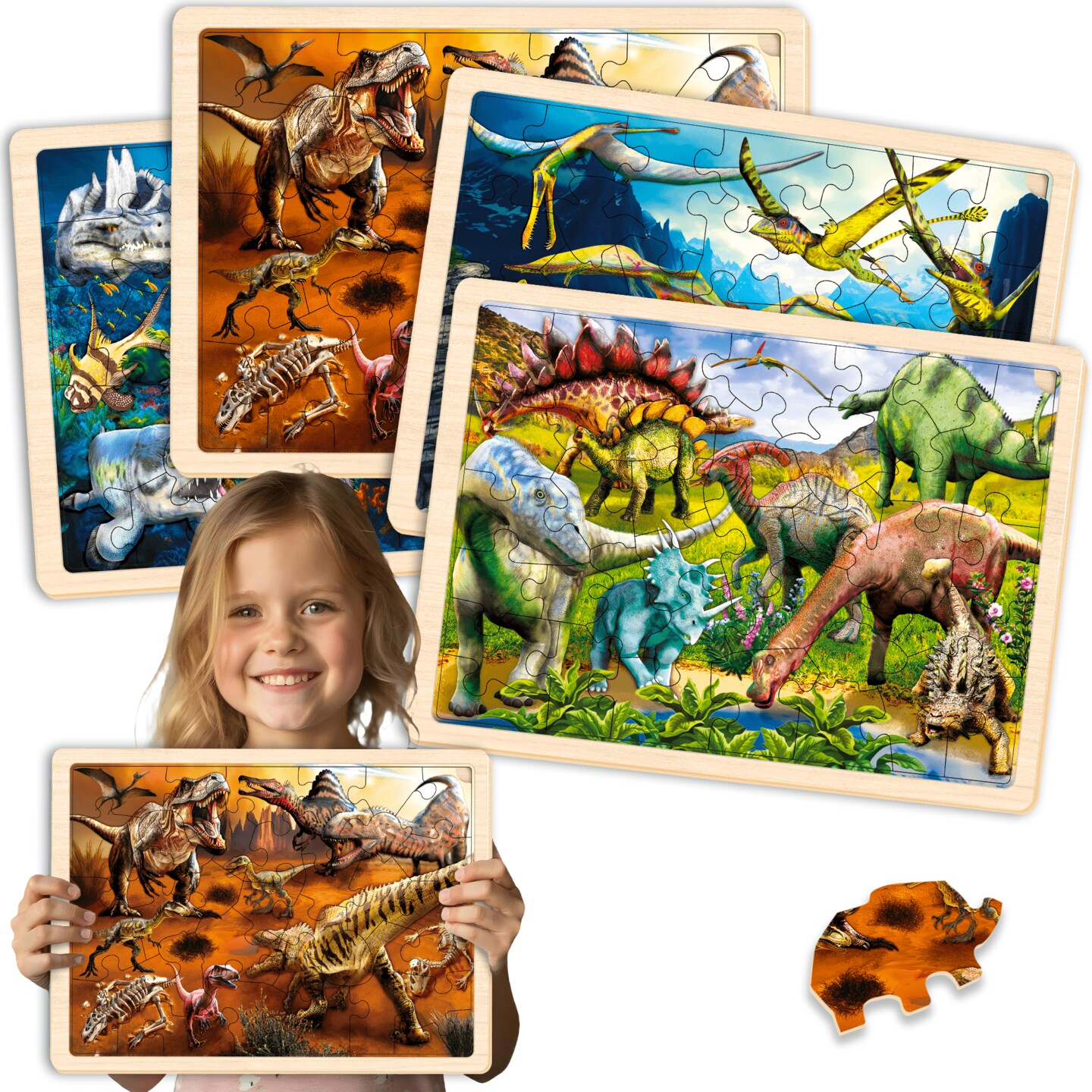4 Set 36 Pcs Wooden Puzzles for Kids | Dinosaur World