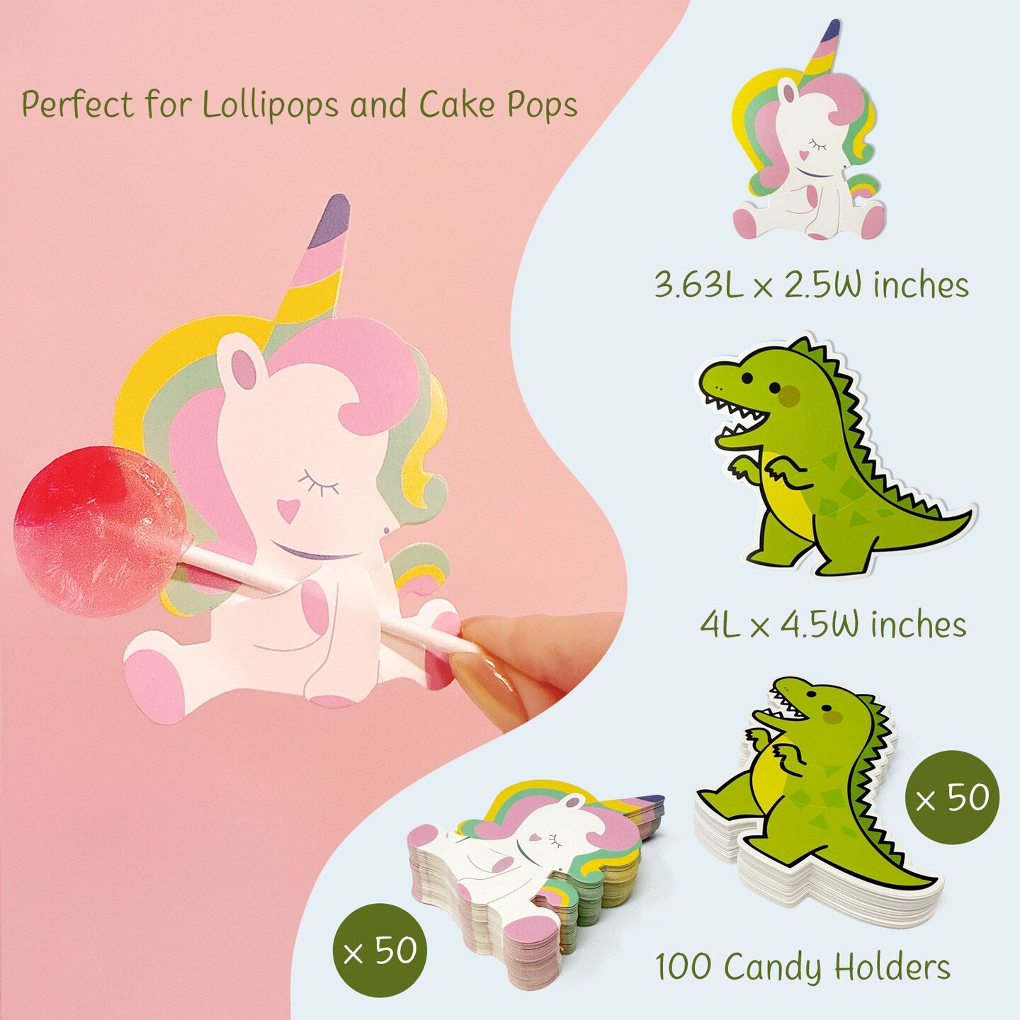 Wrapables Birthday Lollipop Paper Card Candy Holders, Party Supplies, Decorations, Party Favors (100pcs), Dinos and Unicorns