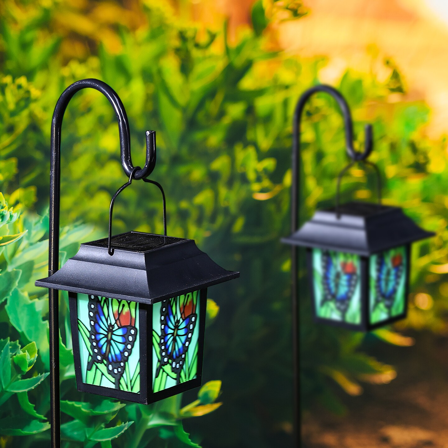 Set of 2 30&#x22;H Solar Powered Butterfly Scene Pattern Garden Lamp or Pathway Light with Ground Stake