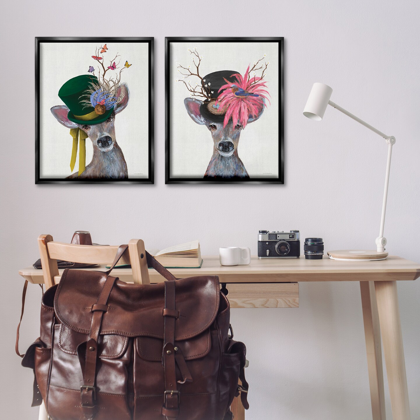 Stupell Industries Dapper Deer Floral Top Hat 2 pc Framed Floater Canvas Wall Art Set Design by Kamdon Kreations