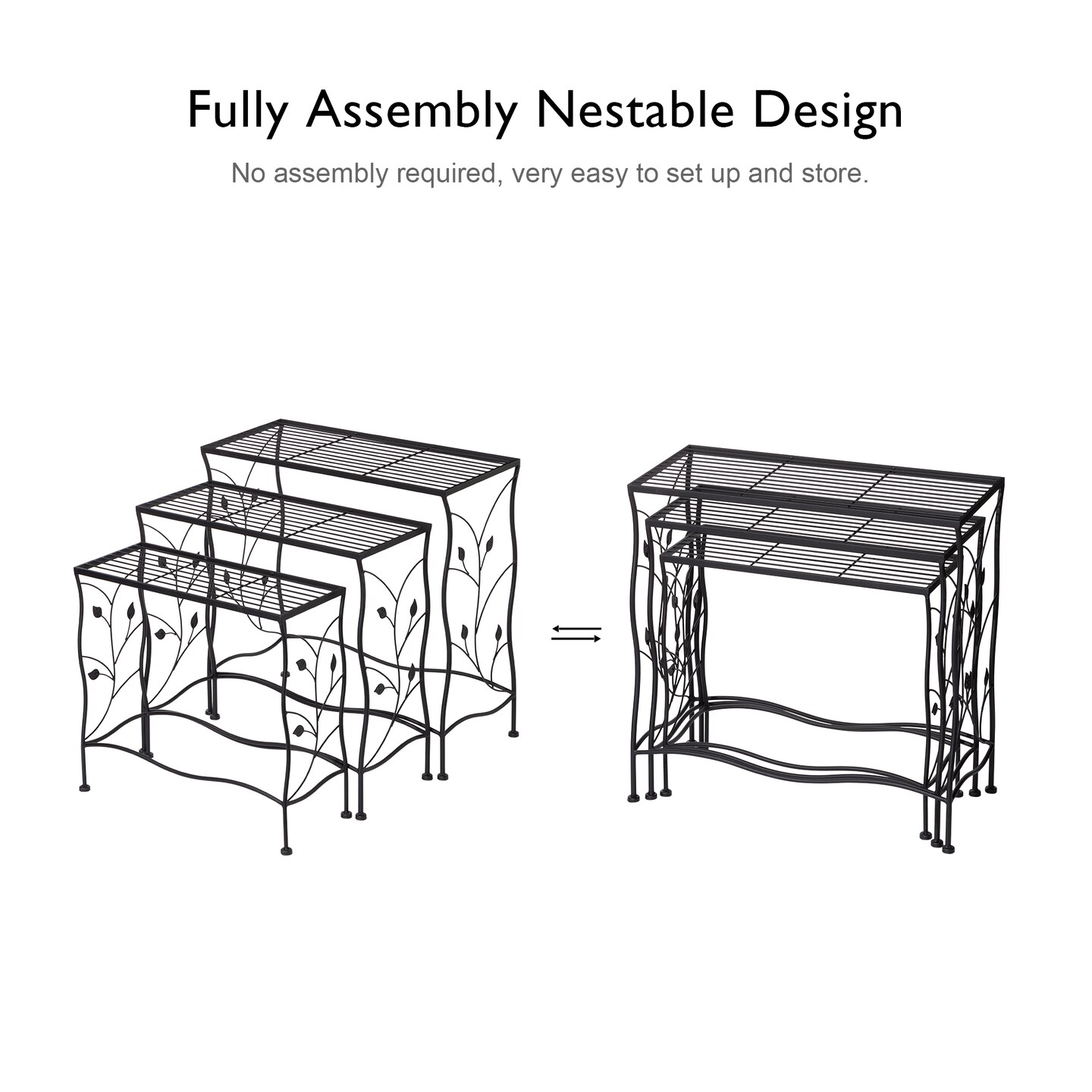 Set of 3 Rectangular Nesting Black Metal Plant Stand