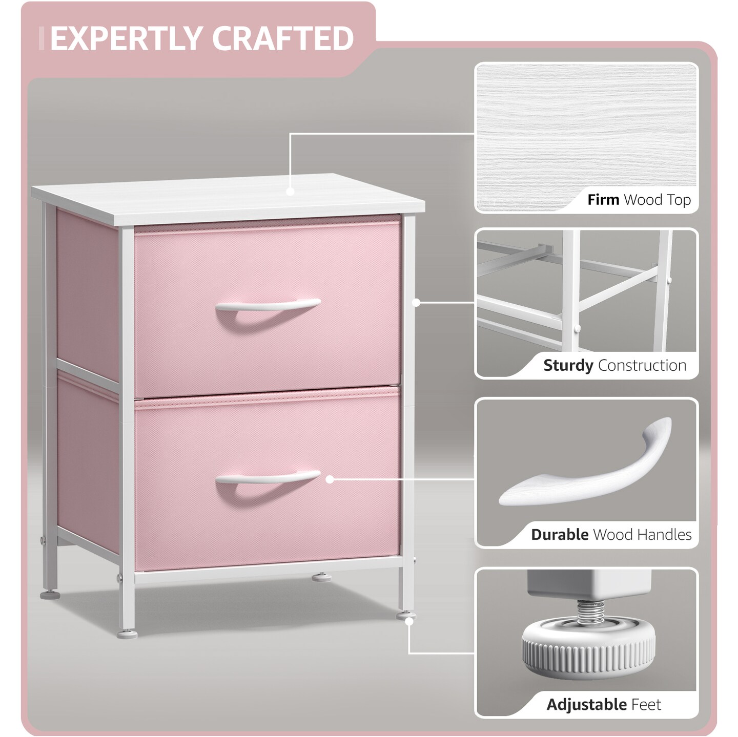 Sorbus Nightstand with 2 Drawers - Steel Frame, Wood Top & Easy Pull Fabric Bins - Great for Home, Bedroom, Office & College Dorm (2 Pack)