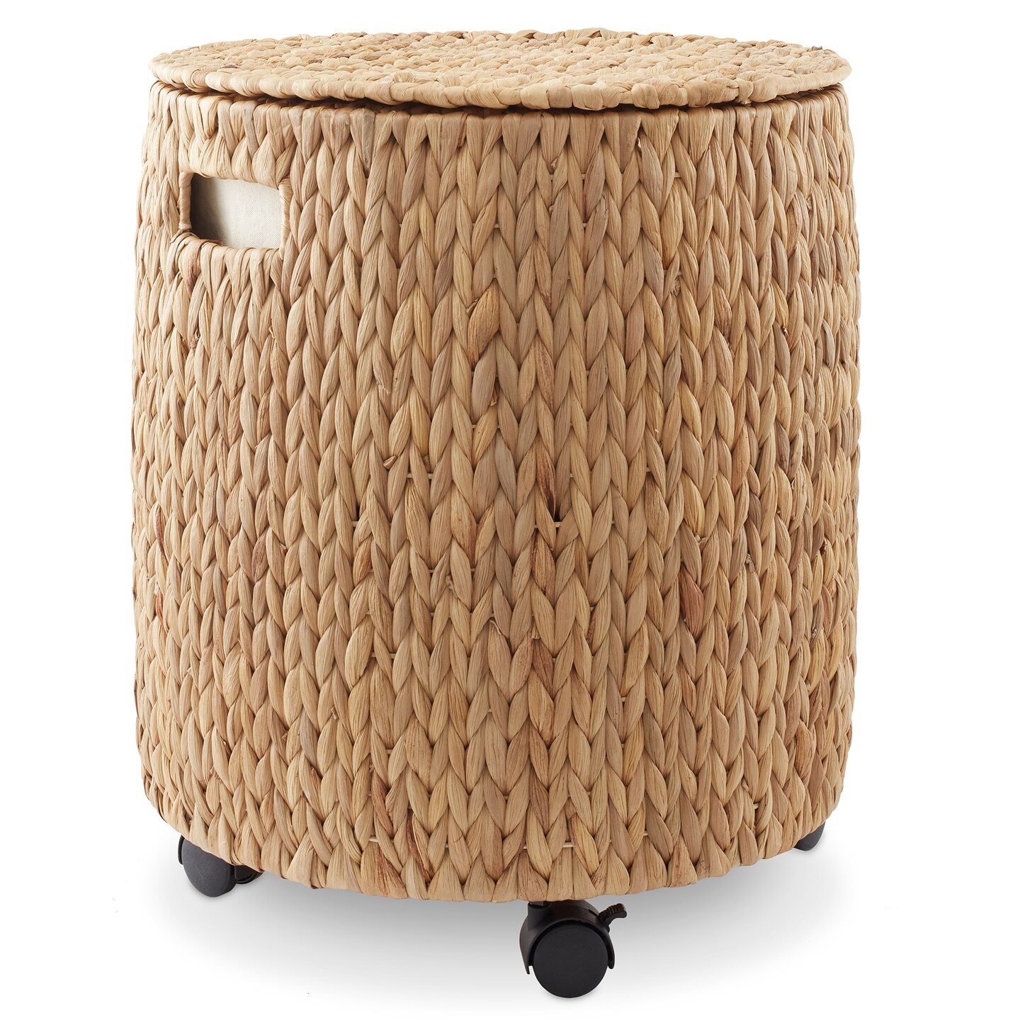 Casafield Round Rolling Storage Basket with Lid, Handwoven Water Hyacinth Rolling Hamper Storage Bin on Wheels for Living Room, Bedroom, Bathroom, Laundry