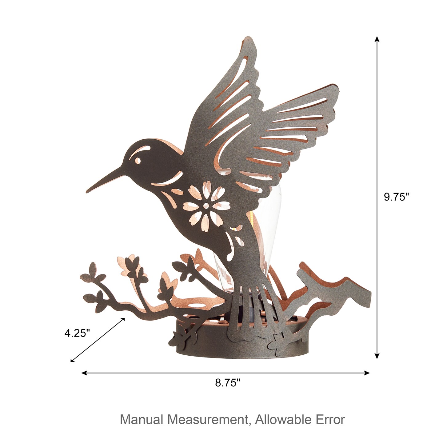 (Set of 2)9.75&#x22;H Black and Gold Metal Cutout Flying Hummingbird Silhouette Solar Powered Edison Bulb Outdoor Lantern