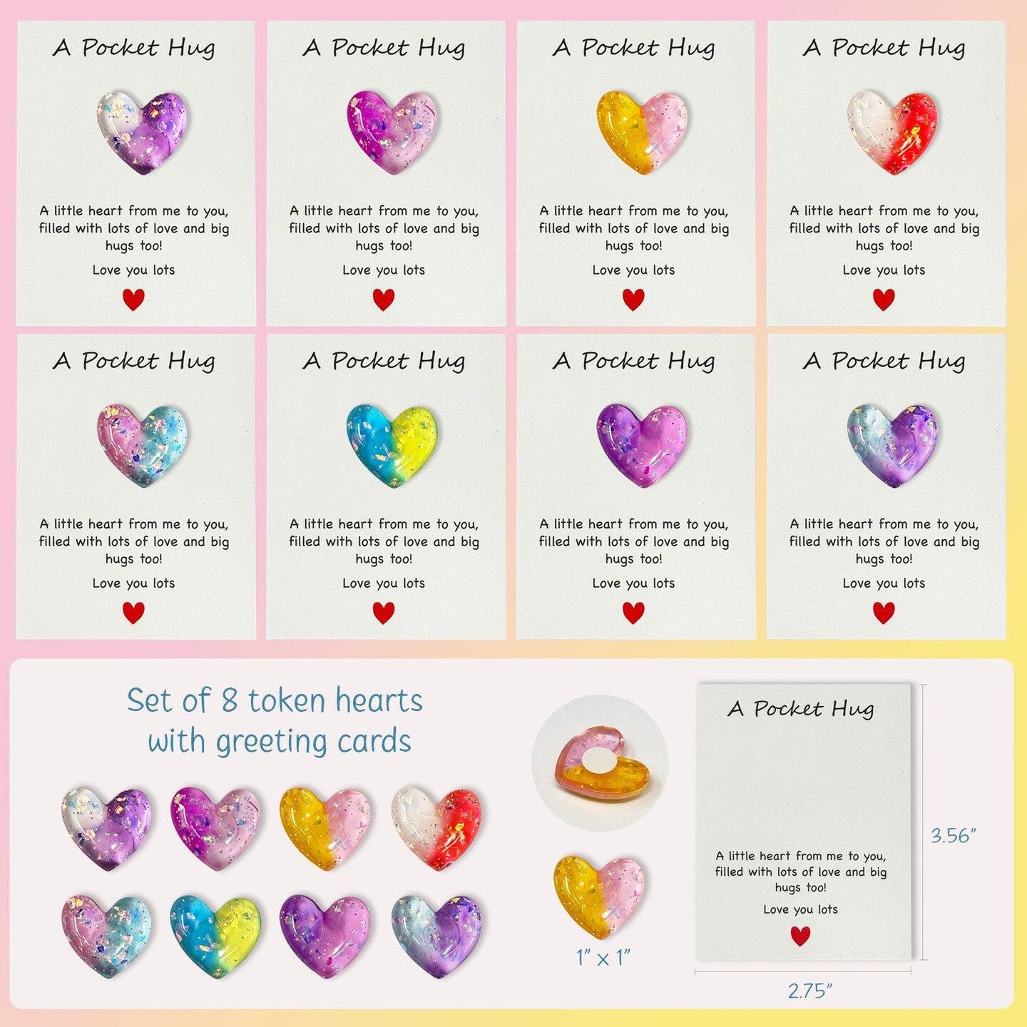 Wrapables Pocket Hug Valentines Day Token Heart Gift with Greeting Card (Set of 8)