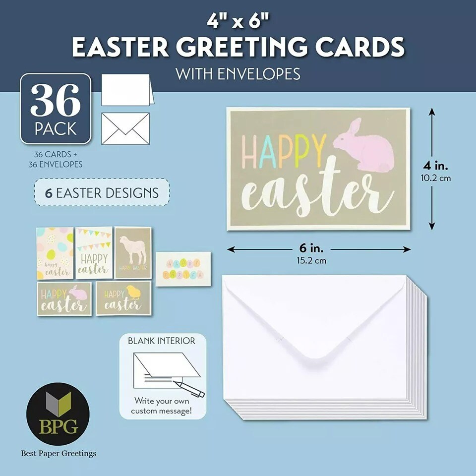 36x Happy Easter Blank Greeting Cards with Envelopes, 6 Assorted Design, 4x6 In