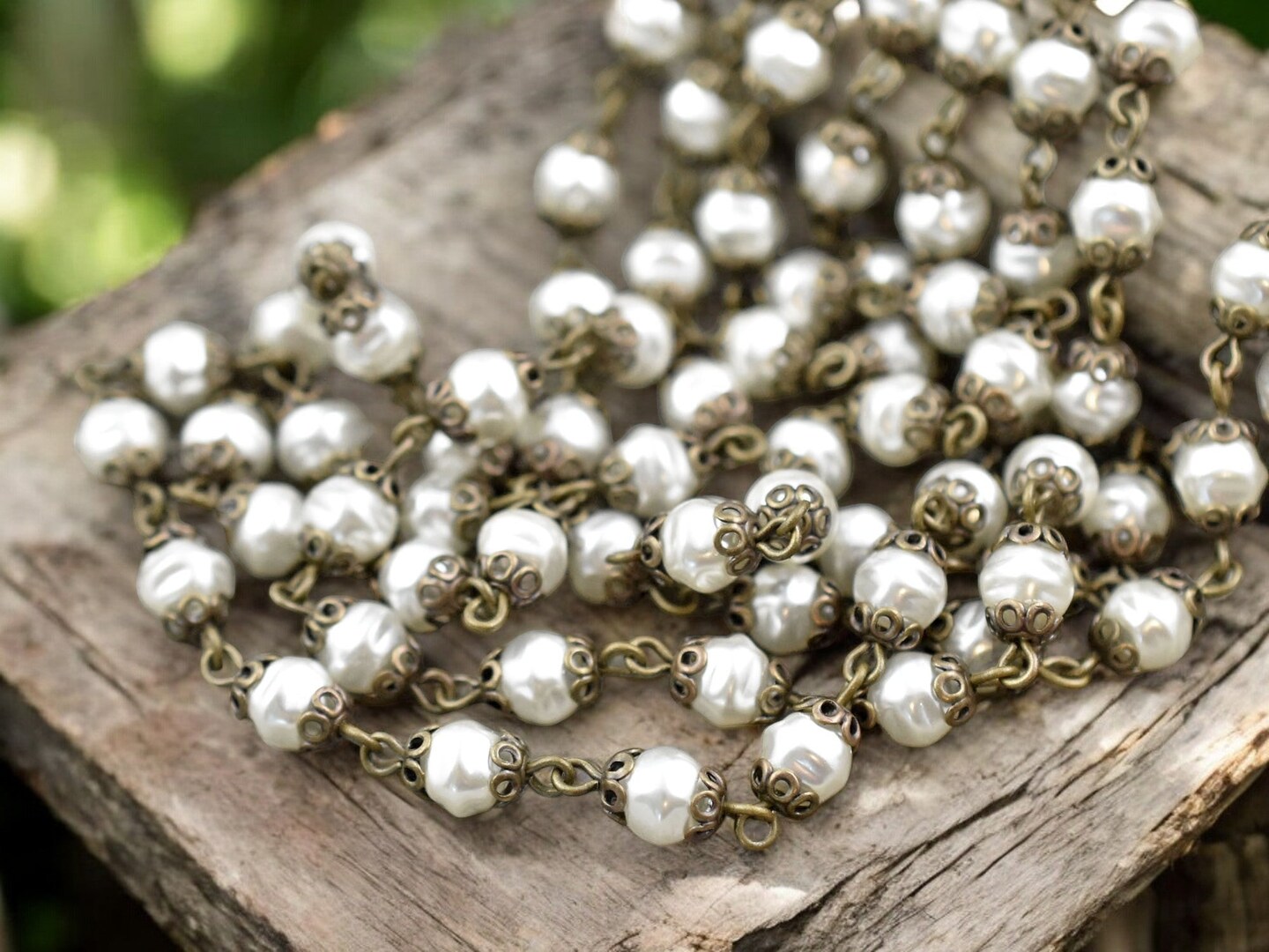 6mm Czech Glass White Pearl Chain with Bronze Caps -- Sold by the foot