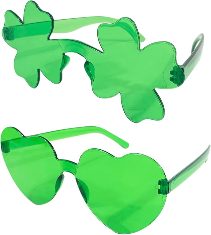 4E&#x27;s Novelty Set of 2 Green Sunglasses for Adults, Shamrock &#x26; Heart Shaped, St Patricks Day Glasses for Women &#x26; Men Party Outfit Accessories