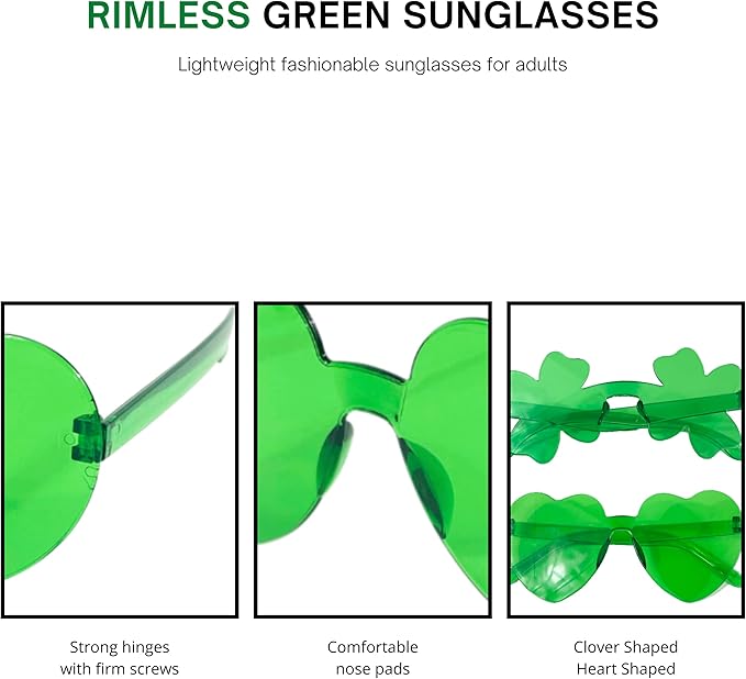 4E&#x27;s Novelty Set of 2 Green Sunglasses for Adults, Shamrock &#x26; Heart Shaped, St Patricks Day Glasses for Women &#x26; Men Party Outfit Accessories