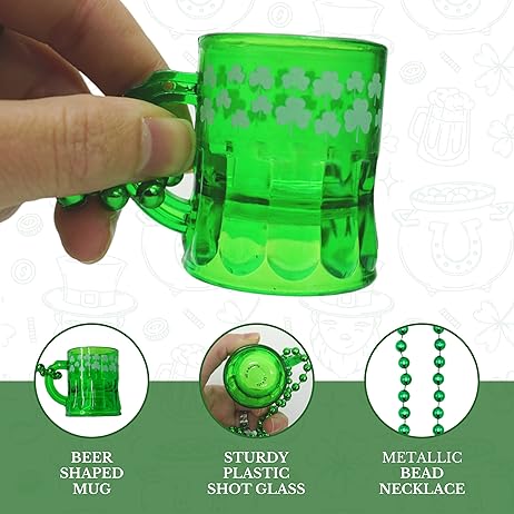 4E&#x27;s Novelty St Patricks Day Beads Necklace With Shot Glasses Beer Mug Pack of 12 &#x2013; Green Irish Gifts Party Favors Supplies, Costume Accessories (Transparent Green With Shamrock)