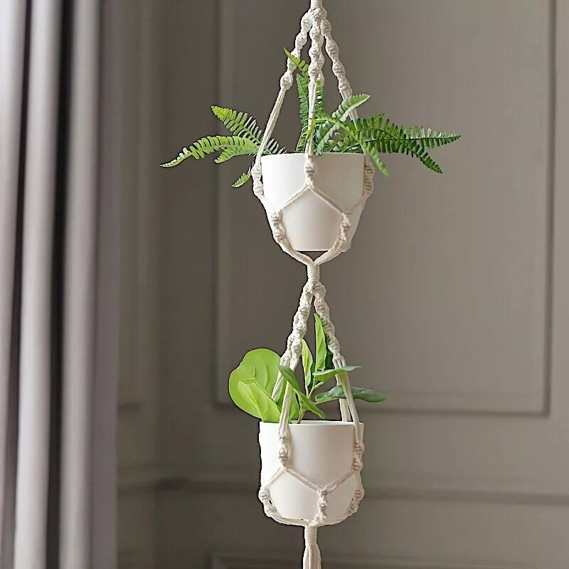 2 Tier Ivory Cotton Ropes Macrame Plant Hanger Decorative POT HOLDERS Events
