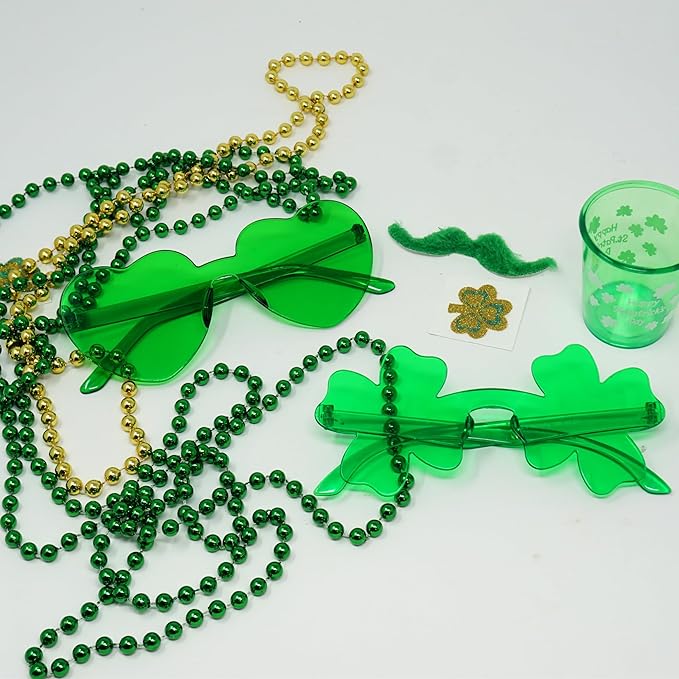 4E&#x27;s Novelty Set of 2 Green Sunglasses for Adults, Shamrock &#x26; Heart Shaped, St Patricks Day Glasses for Women &#x26; Men Party Outfit Accessories