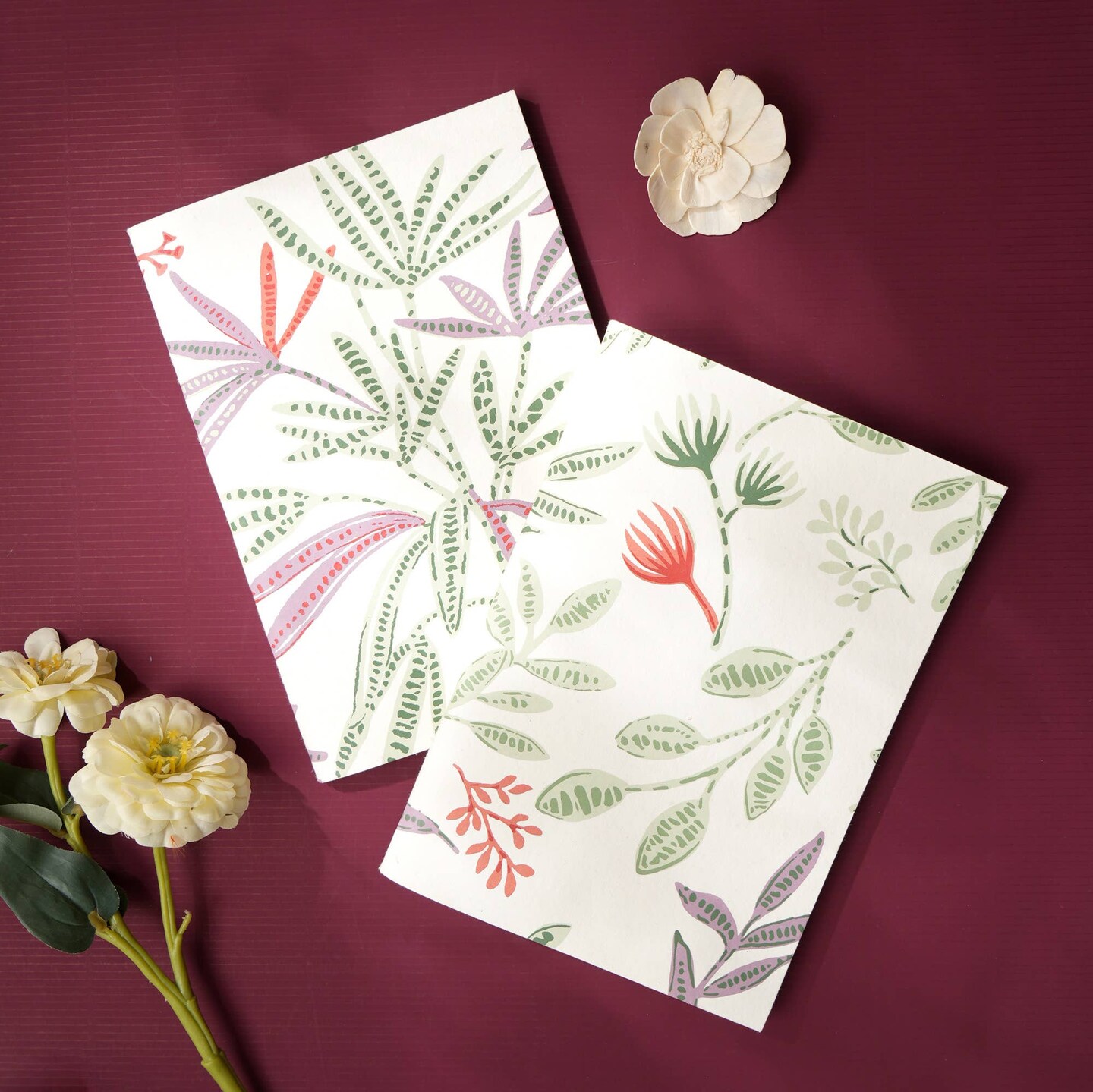 Soft Cover Off white/Green Flowers Handmade Paper Notebook - Pack of 5, 10 X 7 Inch