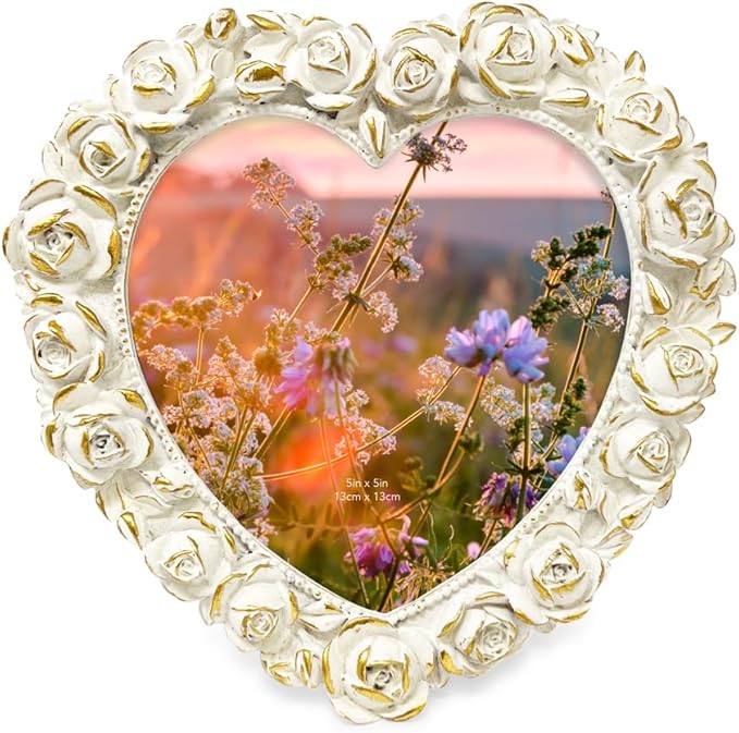 5x5 White with Gold Heart Shaped Rose Border Resin Frame, Photo Tabletop & Wall Display Hanging Display & Home Décor (5x5, White with Gold)