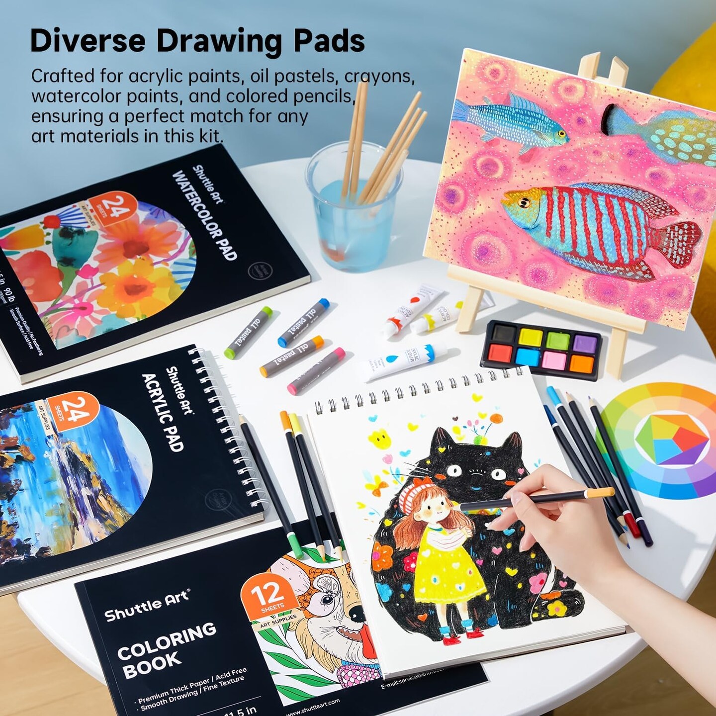 Deluxe Gift Art Kit, 202-Piece Wooden Art Supplies Set with 4 Drawing Pads, Canvases, Coloring Sheets, Acrylic Paint, Crayons, Oil Pastels, Colored Pencils for Kids