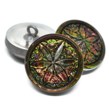18mm Star Flower Button Vitrail with Black Wash -- Czech Glass Buttons