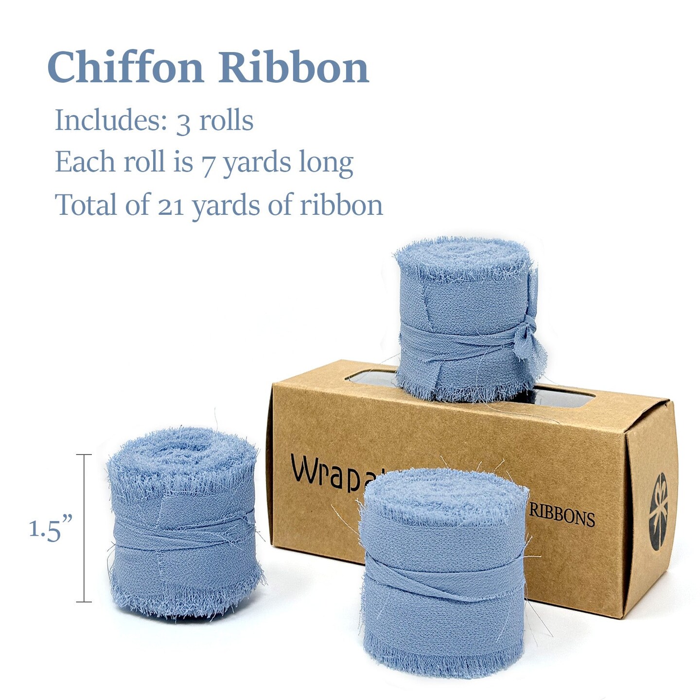 Wrapables Fringe Chiffon Ribbons, 1.5 Inch x 7 Yd Frayed Edges Chiffon Ribbons for Wedding Invitations, Bridal Bouquet, Gift Wrapping, DIY Arts & Crafts (Set of 3), Dusty Blue